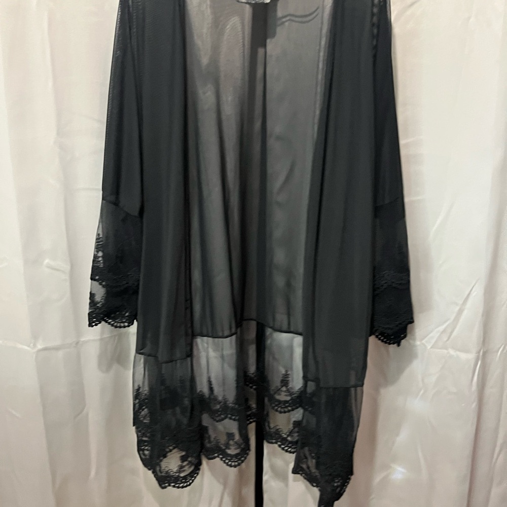 Black Lace-Trim Sheer Kimono Cardigan